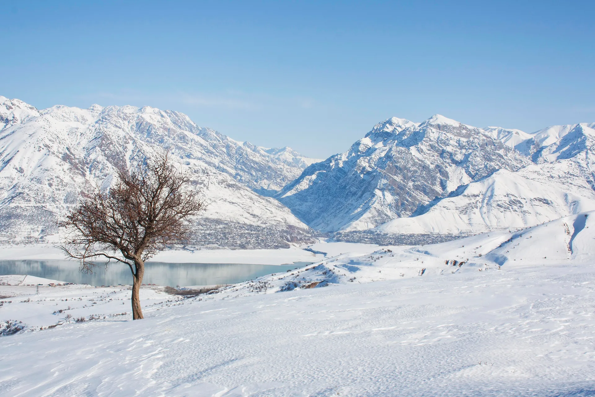 Snow down to the shore of the Charvak Reservoir, with the peaks of the Western Tian Shan behind.