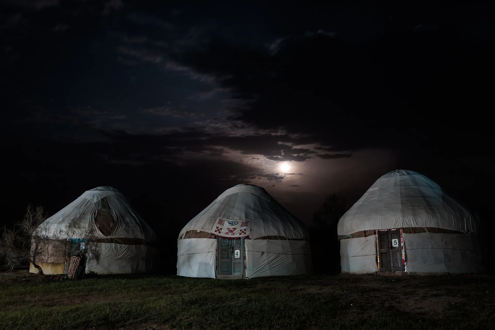 Felt yurts under a night sky in the Kyzylkum desert, where travellers stay near Aydarkul to ride camels and sleep in the open steppe.