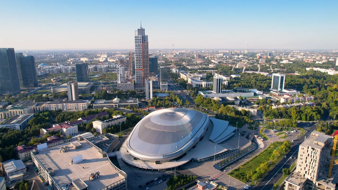 Humo Arena, Tashkent's indoor arena for ice hockey, big matches and concerts, seen from above the city centre.