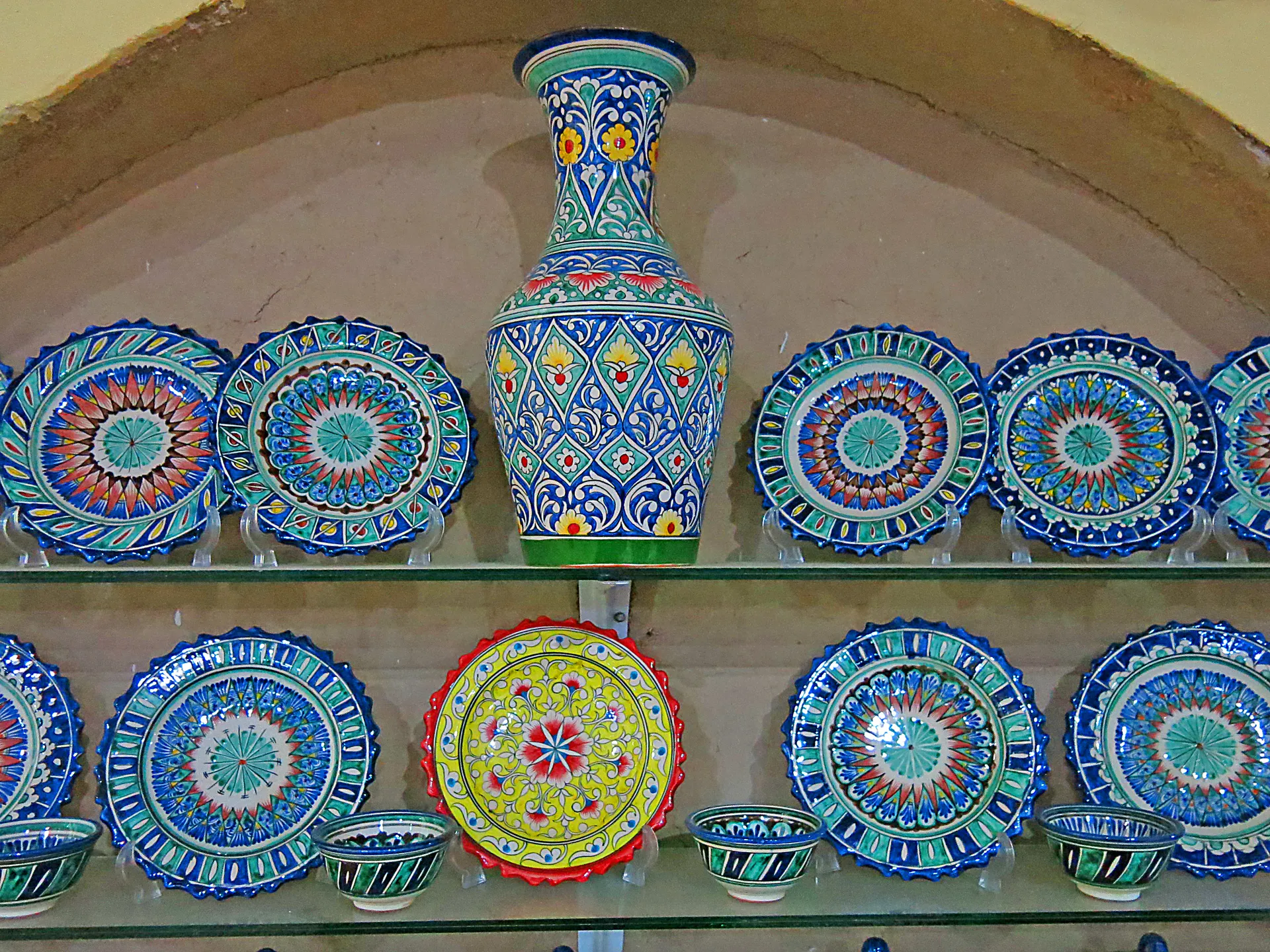 Plates, bowls and vases in the turquoise and cobalt glazes that have made Rishtan, in the Fergana Valley, the country's most famous pottery town.