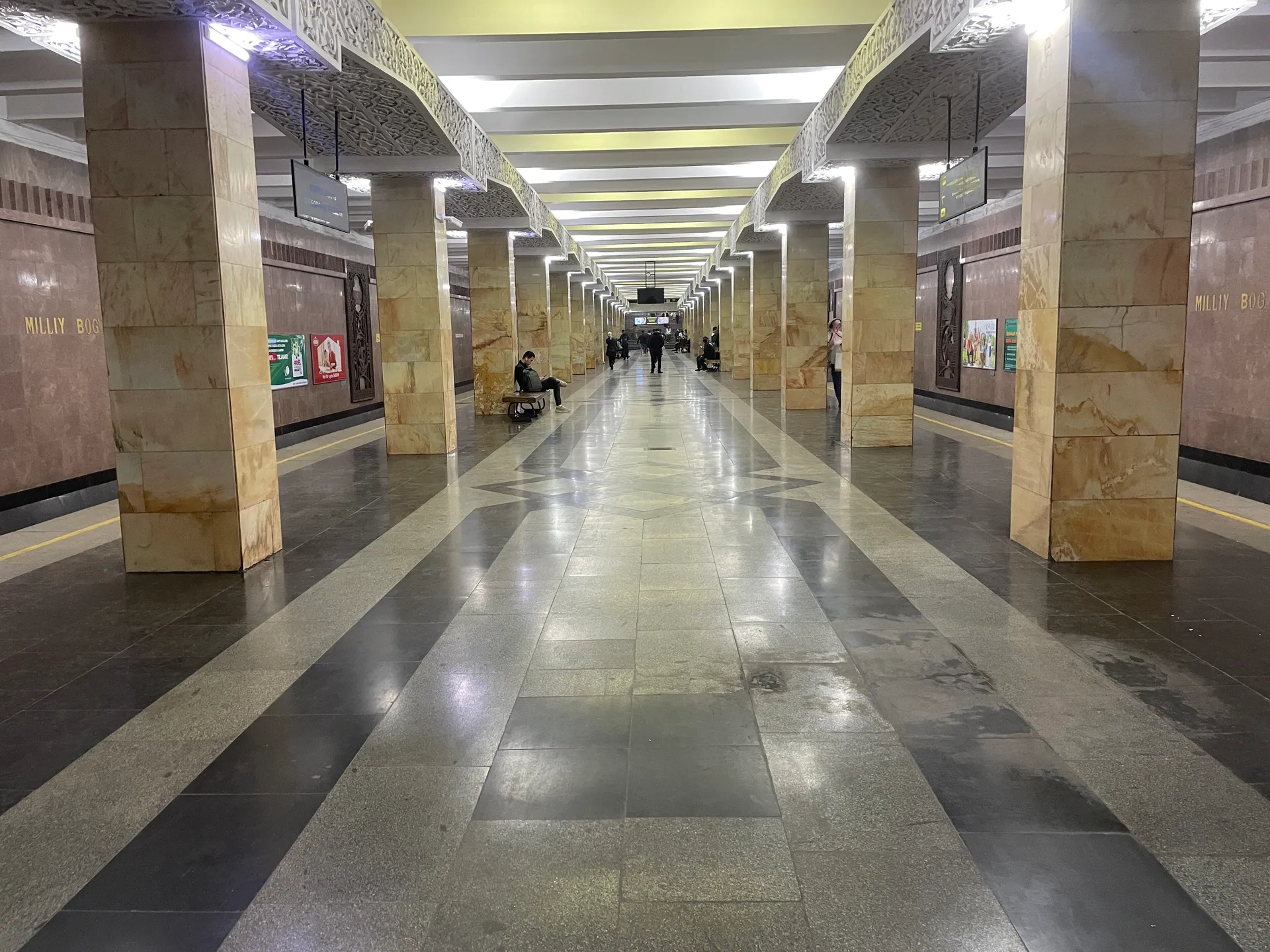 The marble hall of Milliy Bogʻ station. Tashkent's metro, opened in 1977, was the first in Central Asia, and every station is decorated differently.